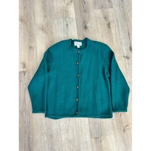 Vintage Tally Ho Boiled Wool Cardigan Sweater Emerald Green‎ Silver Button Large